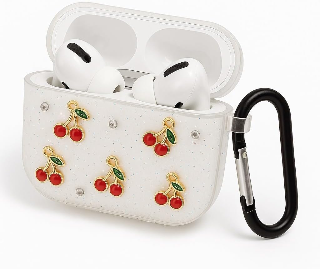 AirPods 3. Nesil ile Uyumlu Glitter Silikon Kılıf Şeffaf Simli Koruyucu Kiraz Deseniyle Askı Aparatı Dahil Çanta Kolu ve Kemer Tokasına Takılabilir AirPods 3 için Kulaklık Kılıfı