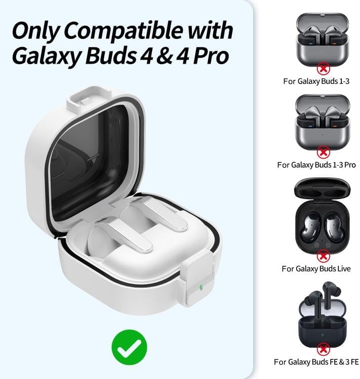 [Safe-Pod] Samsung Galaxy Buds4 Pro/Buds 4 için Kılıf [Güvenlik Kilit Tasarımlı] Tam Koruma Sağlayan Galaxy Buds4 Kulaklık Kılıfı PC+TPU Hybrid Tasarım Samsung Buds 4 Pro Kılıfı (Beyaz)