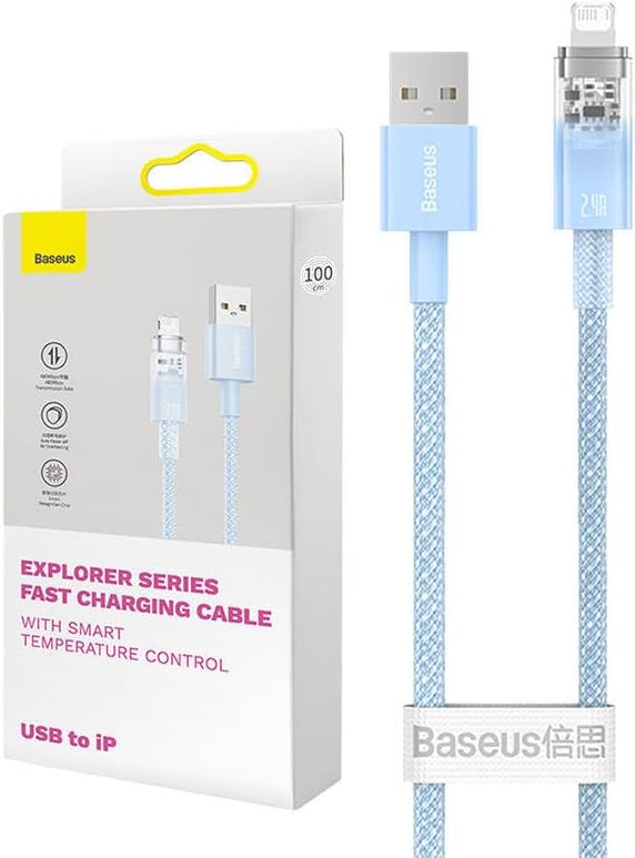 Explorer Serisi Hızlı Şarj Kablosu Akıllı Sıcaklık Kontrolü USB to iP 2.4A, 2m, Mavi