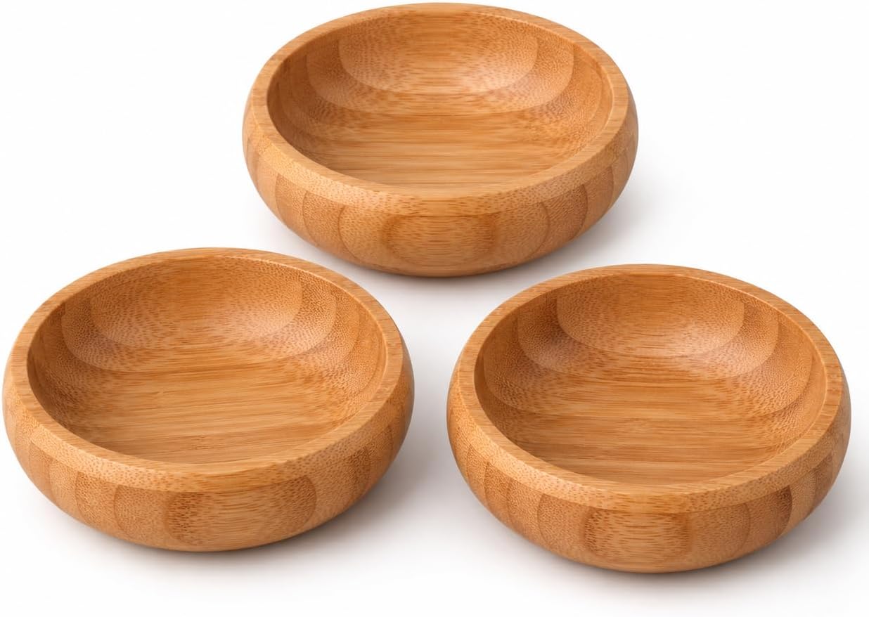 3'lü Bambu Çerezlik Seti (9x9x3 cm) - Yuvarlak Kahvaltılık, Mezelik ve Sosluk Kase Takımı