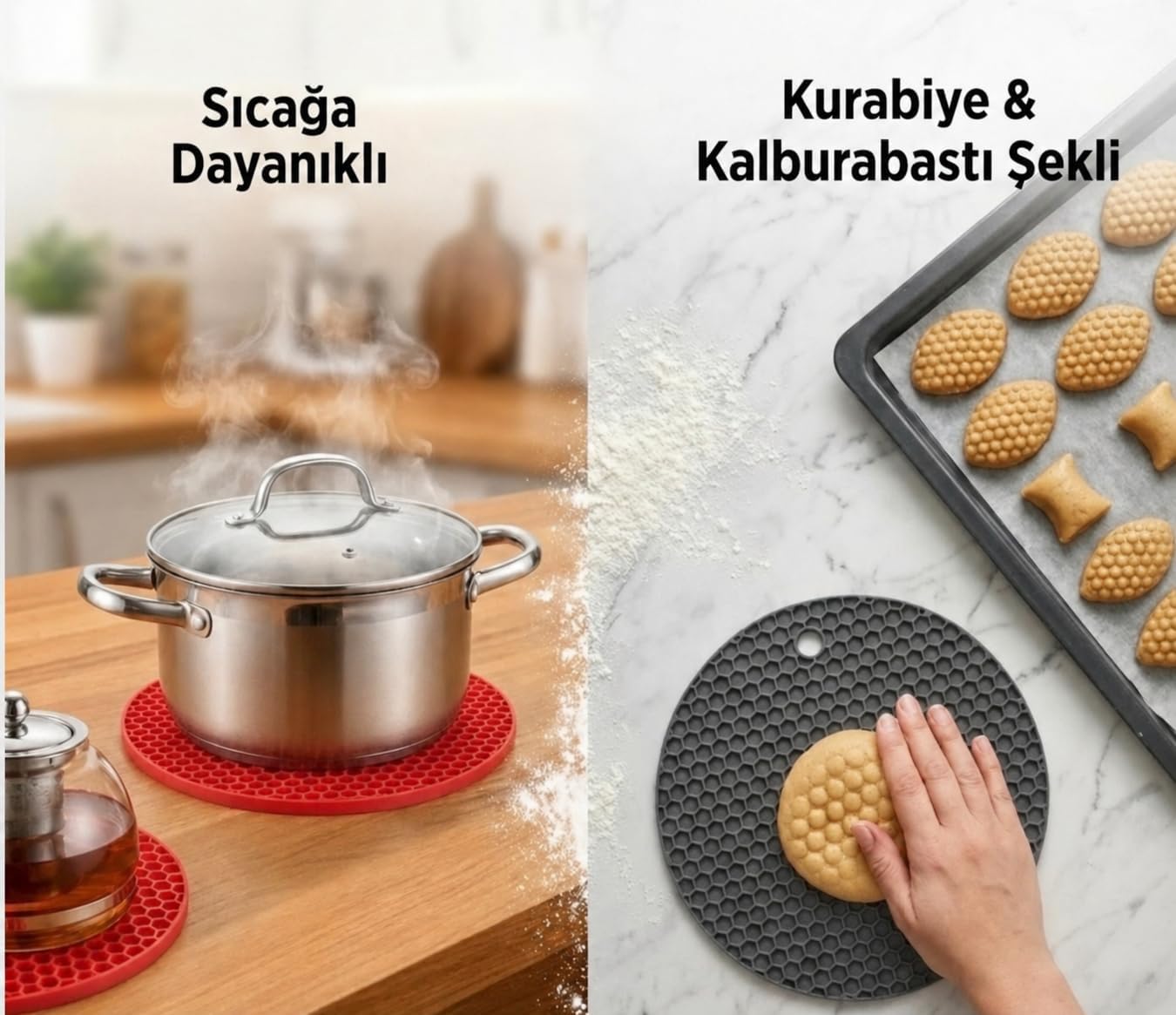 3’lü Silikon Nihale Seti – Sıcağa Dayanıklı Kaymaz Tencere Altlığı | Çok Amaçlı Petek Desenli Nihale | Kurabiye & Kalburabastı Şekillendirme Matı | Siyah Gri Kırmızı