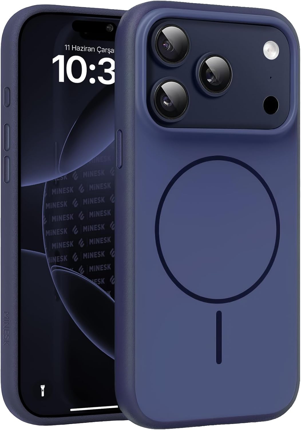 iPhone 17 Pro Max/18 Pro Max için Magsafe ile Uyumlu Kılıf Metal Tuşlu Çizilmelere ve Soyulmalara Karşı Dayanıklı Materyal, Dokulu Kenarlı Koruyucu (Lacivert, 17 Pro Max/18 Pro Max)