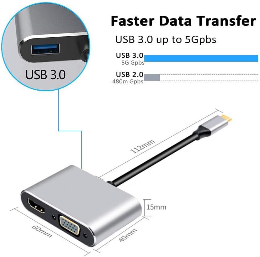 8053 4İN1 USB C HDMI VGA adaptörü, USB C hub, 4K HDMI, 1080P VGA, USB 3.0, USB C PD şarj, Bütün Marka Modellere Uyumlu