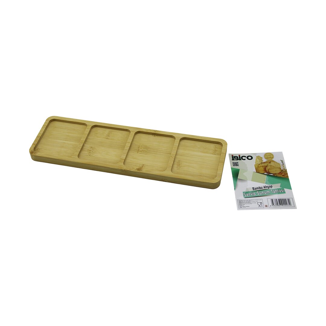 DİKDÖRTGEN 4 BÖLMELİ AHŞAP BAMBU SERVİS SUNUM TEPSİ - TAHTASI MİNİ TEPSİ 33 X 10 X 1.4CM