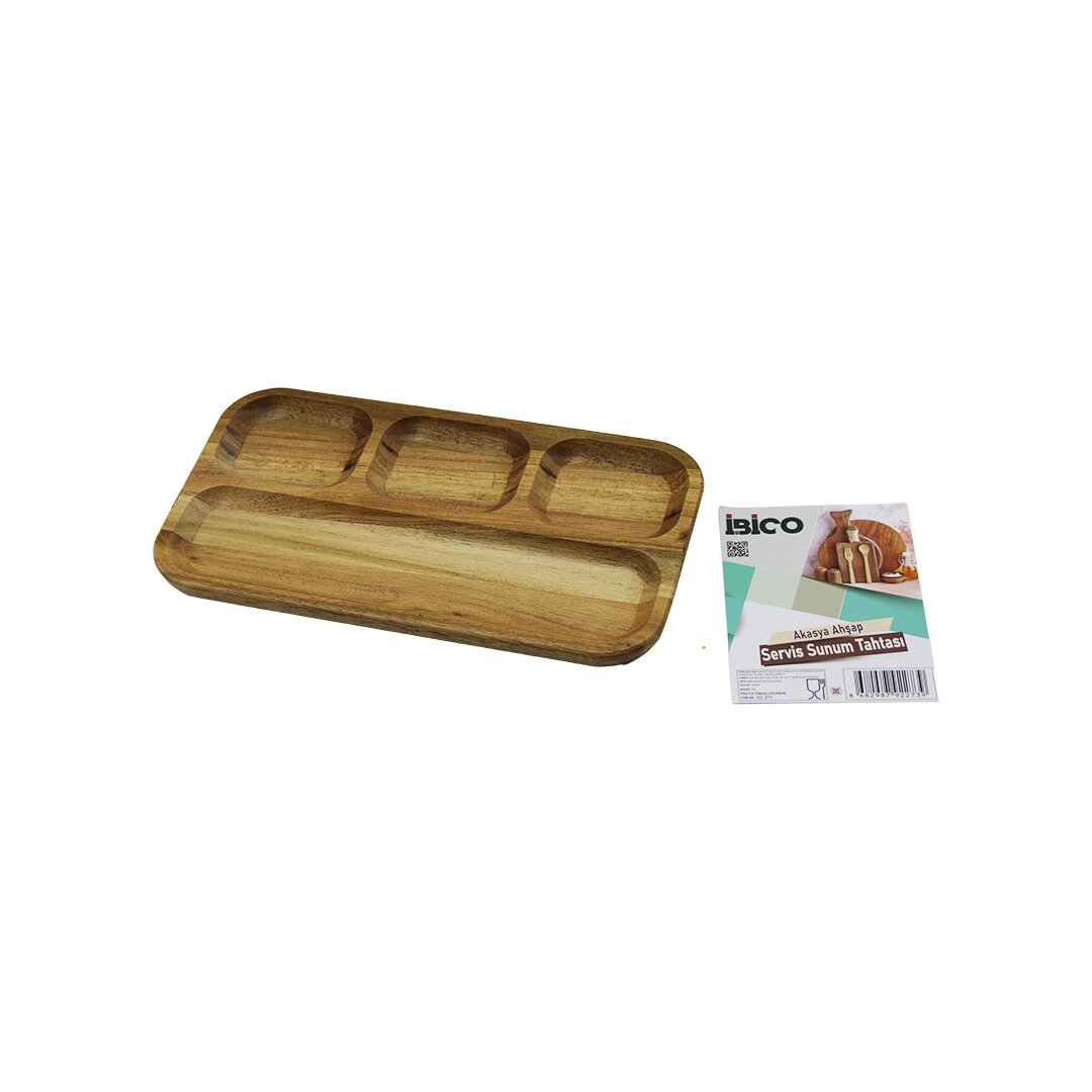AKASYA DİKDÖRTGEN 4 BÖLMELİ=3+1 AHŞAP SERVİS SUNUM TEPSİ - TAHTASI 25 X 14 X 1.4CM