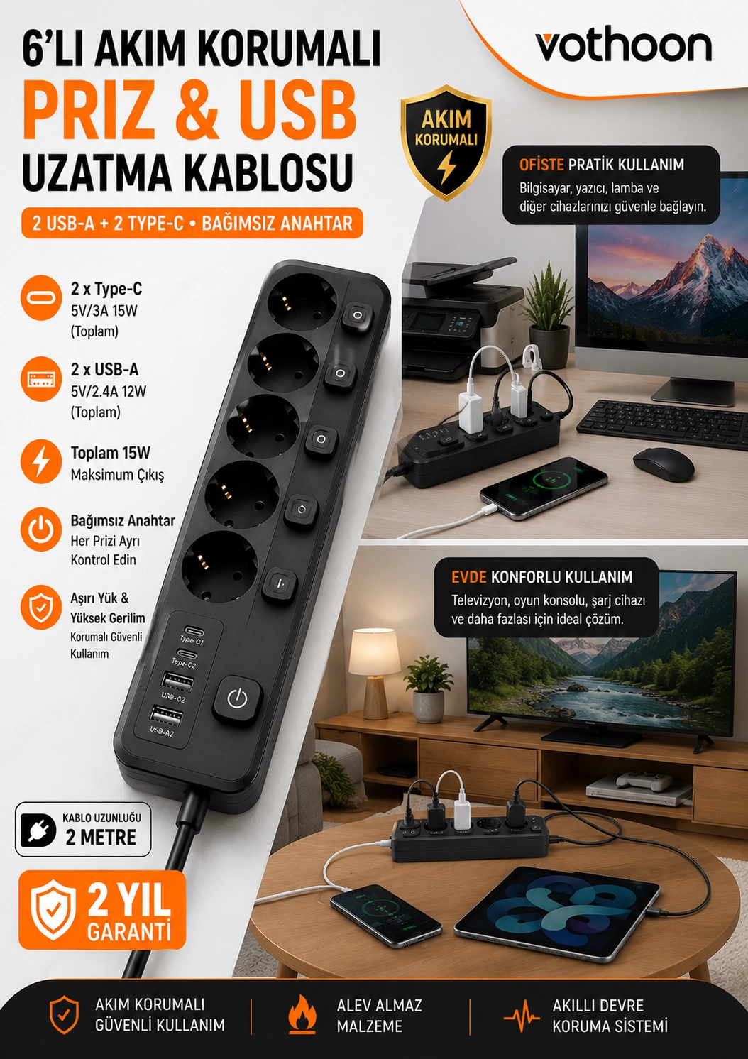 Akım Korumalı 5’li Priz 2xUSB 2xType-C Çıkış Akım Koruma Çoklu Priz Çoğaltıcı Anahtarlı FTR-31 Siyah