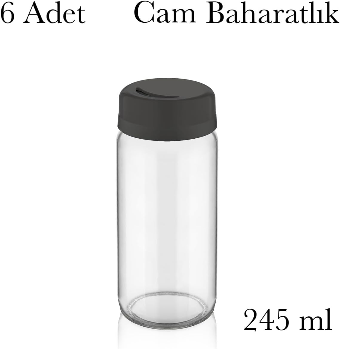 Cam Baharatlık Seti 245 ml, Siyah Kapaklı, 6 Adet