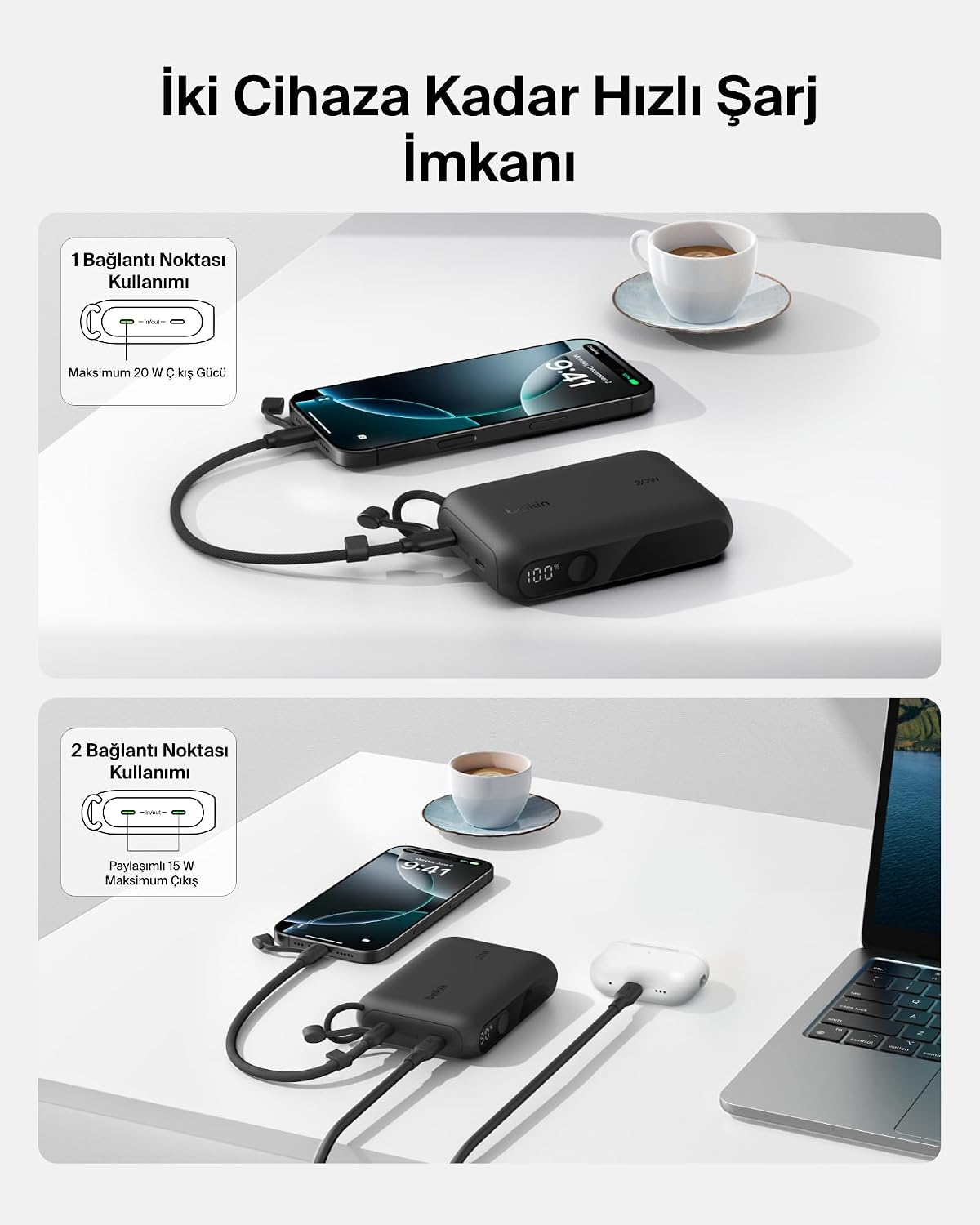 Taşınabilir Şarj Cihazı, 10.000 mAh USB-C İnce Güç Kaynağı, 2 USB-C Port, Dijital Pil Göstergesi, 20 W Hızlı Şarj, iPhone 17, 16 Serisi, Samsung Galaxy S25, S24, Pixel 9, iPad ve Fazlası, Siyah