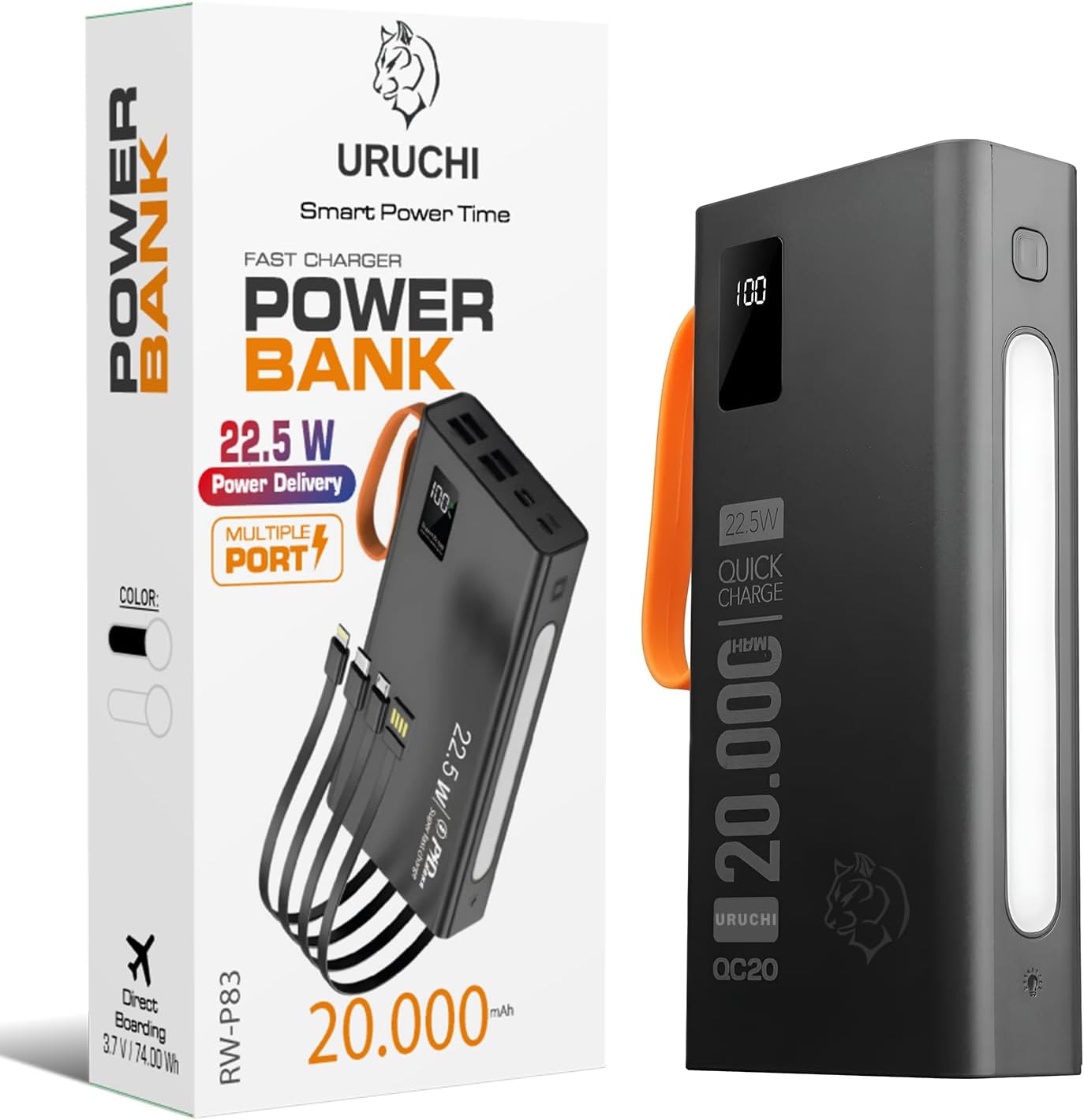 22.5W PD 3.0 Kablolu Powerbank, Gerçek 20.000 mAh Taşınabilir Şarj Cihazı, Dahili Type-C, Lightning ve Micro USB Kablolu, LED Ekranlı, Hızlı Şarj, iPhone 16/15 ve Android Uyumlu, Siyah