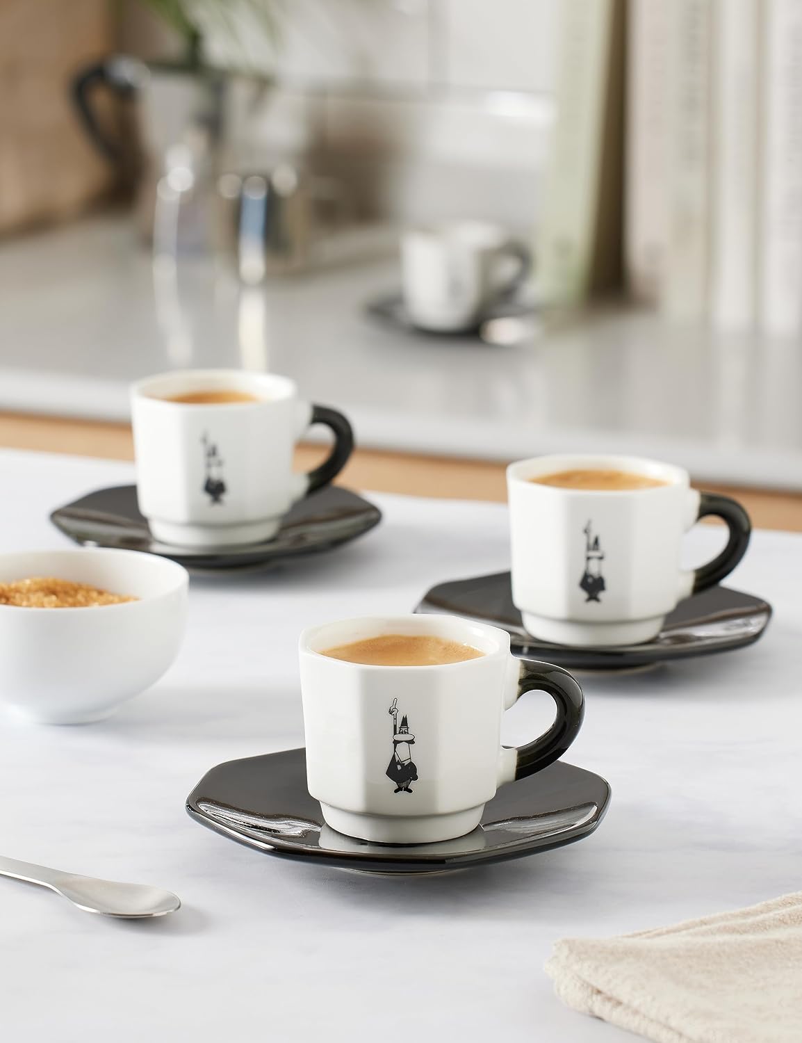 4'lü Espresso Fincan Seti - Sekizgen Tasarım - Siyah Beyaz Karma Renk - Porselen