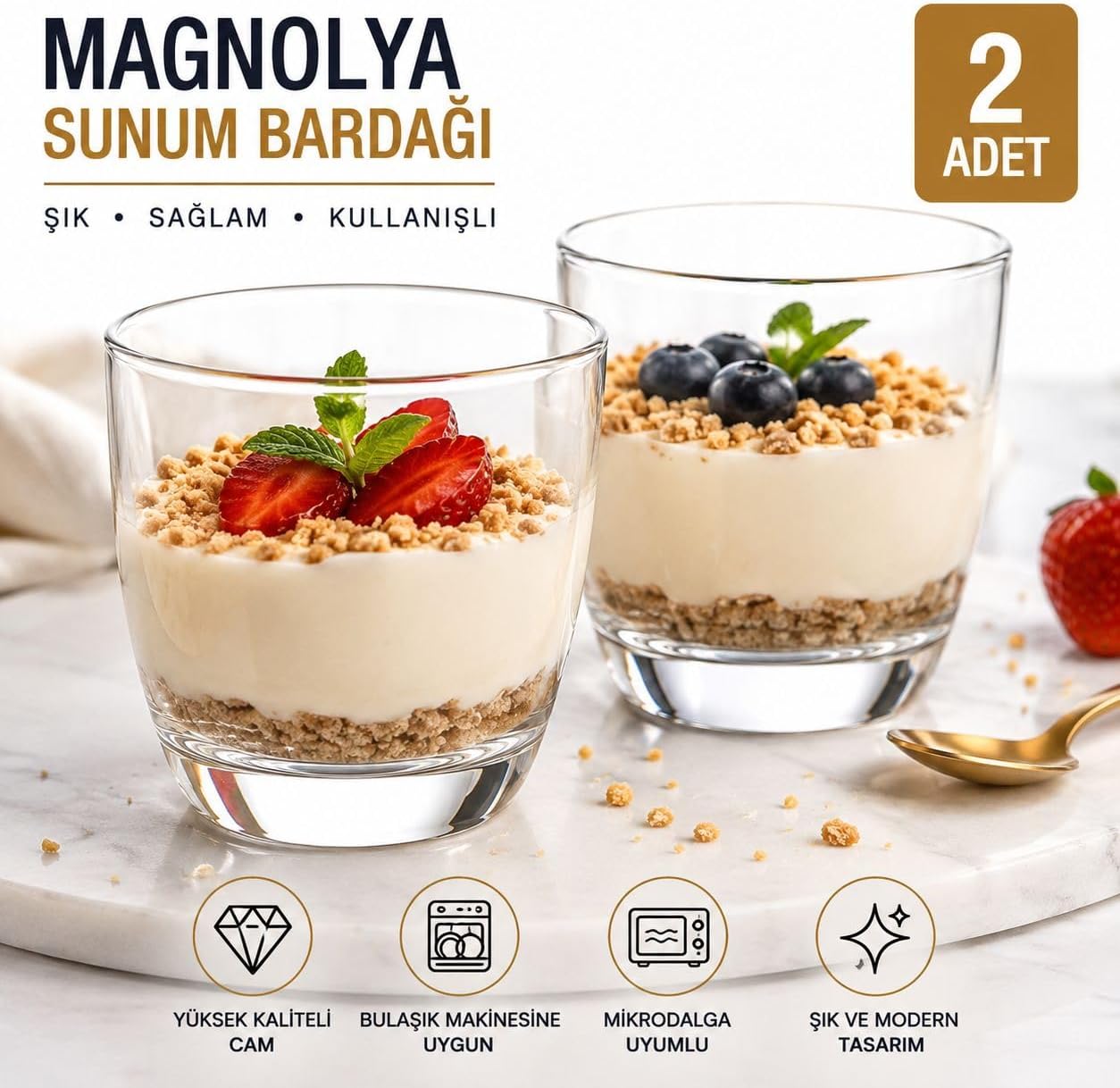 2’li Tatlı Magnolya Sunum Bardağı 2’li Set, Cam Lezzetli ve Göz Alıcı Magnolia Bardağı, Trileçe, Tiramisu ve Pasta Sunumları İçin Şık Servis Bardağı Özel Davetler Misafirlere İkram ve Hediyelik