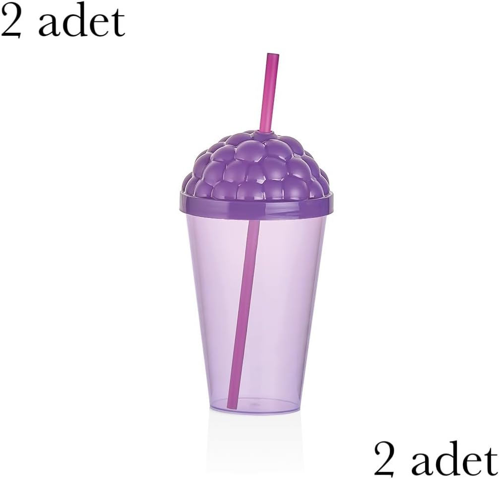 Pipetli Plastik Meşrubat Bardağı, 450 ml, Mor 2'li Set Qlux Bpa İçermez Soğuk Sıcak İçecek