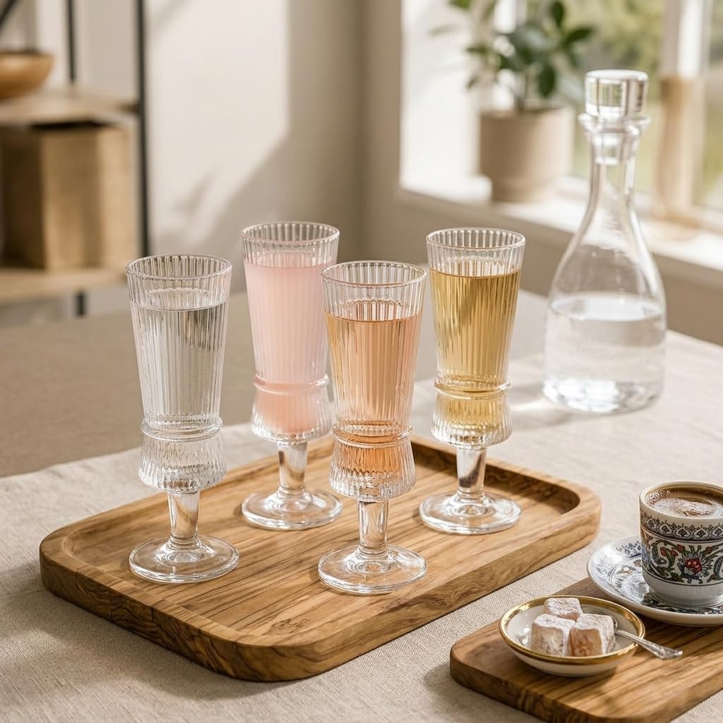 4'lü Çizgili Ayaklı Cam Kadeh Seti - 120 ml Türk Kahvesi Yanı Su, Şerbet ve Likör Bardağı, Lüks Sunum Kadehi