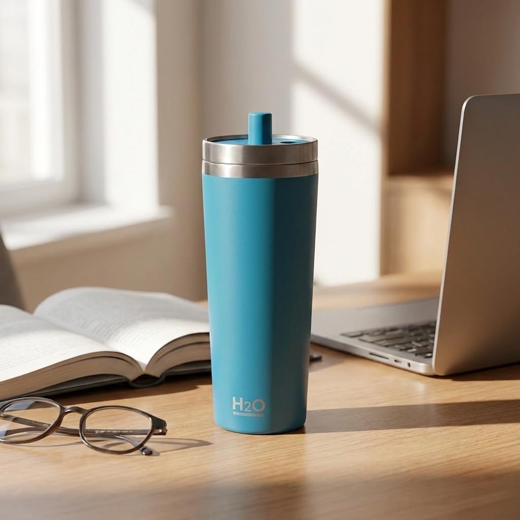 Gri Paslanmaz Çelik Pipetli Termos Kupa - 660 ml Büyük Boy (Venti) - Sıcak ve Soğuk Tutan Mug - Araç ve Ofis Tipi Bardak (MAVİ)