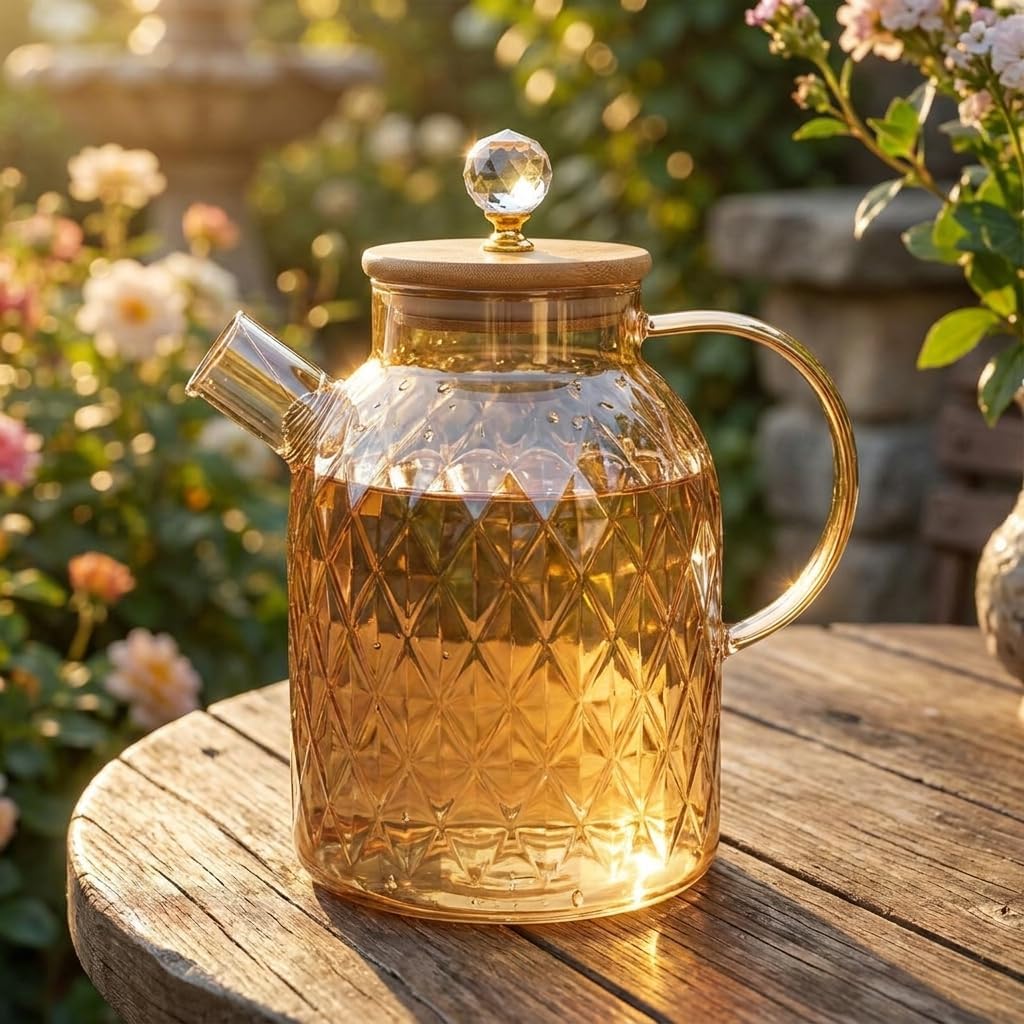 Lusterli Borosilikat Cam Sürahi - Isıya ve Ateşe Dayanıklı, Bambu Kapaklı ve Kristal Kulplu Şık Sürahi (1.6 Litre)