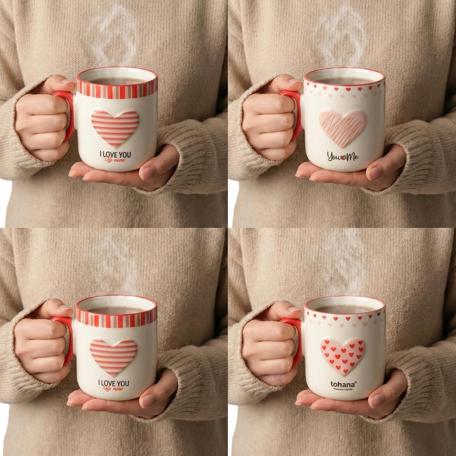 Kalp Kulplu ve Desenli Porselen Kupa - 4 Farklı Romantik Modelden Biri (Sürpriz/Asorti) - Sevgililer Günü ve Özel Gün Hediyesi Kahve Bardağı