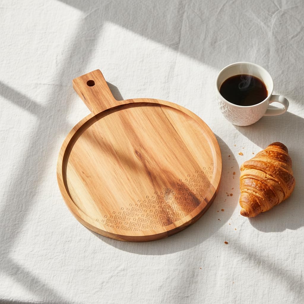 Doğal Akasya Ahşap Yuvarlak Sunum Tahtası ve Servis Tepsisi – 28.5 cm Özel Motif Desenli ve Kulplu Pizza, Peynir ve Pasta Tabağı