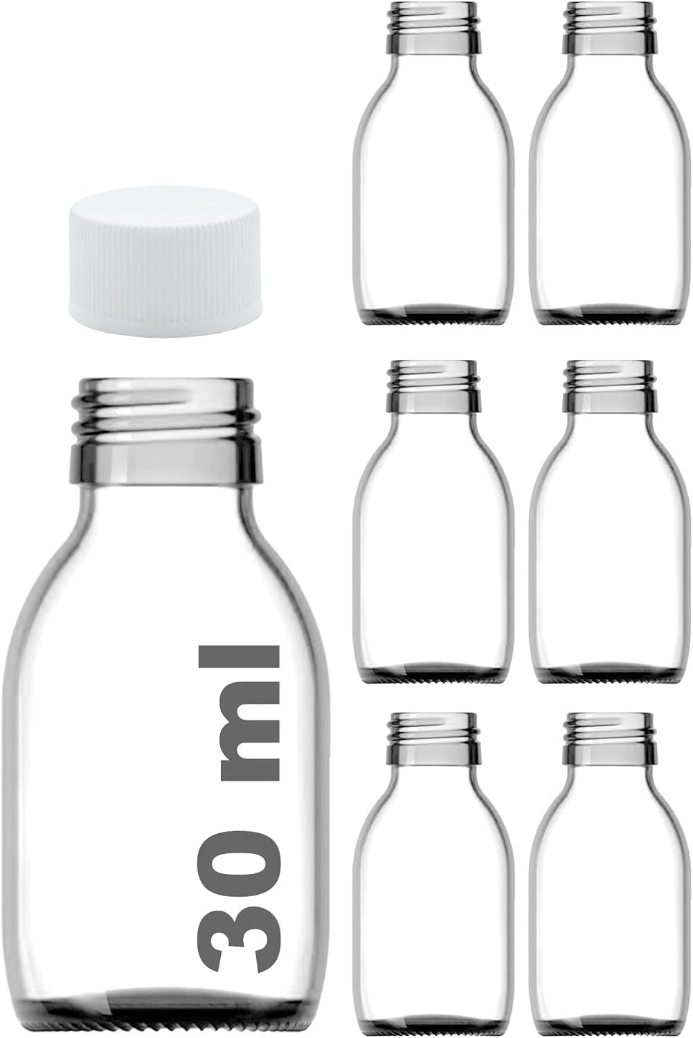 30 ml Sızdırmaz Kapaklı Şeffaf Shot Şişesi 30 Cc Ginger Şat Beyaz Cam Şişe 6 Adet (Kilitsiz Plastik Beyaz Kapak)