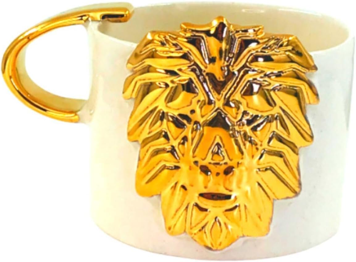 24 Ayar Altın Işlemeli, Aslan Kabartmalı,%100 El Yapımı Mug, 220 Ml
