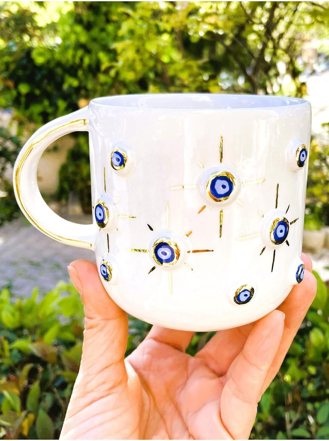 Premium Kalite 24 Ayar Altın Kaplama Nazar Mug, El Yapımı Mug 400 ml 45nt1