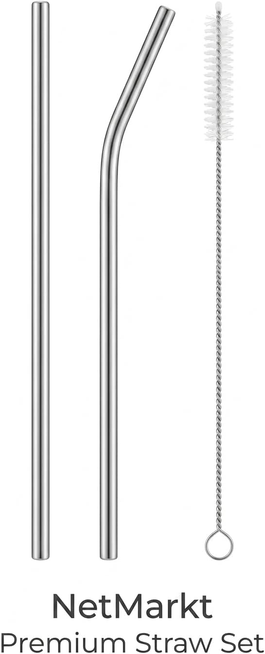 Paslanmaz Çelik Pipet Seti - 2 Adet Tekrar Kullanılabilir Metal Pipet (1 Düz, 1 Eğri) ve 1 Adet Temizleme Fırçası, Çevre Dostu, Bulaşık Makinesinde Yıkanabilir Ekolojik Pipet Seti