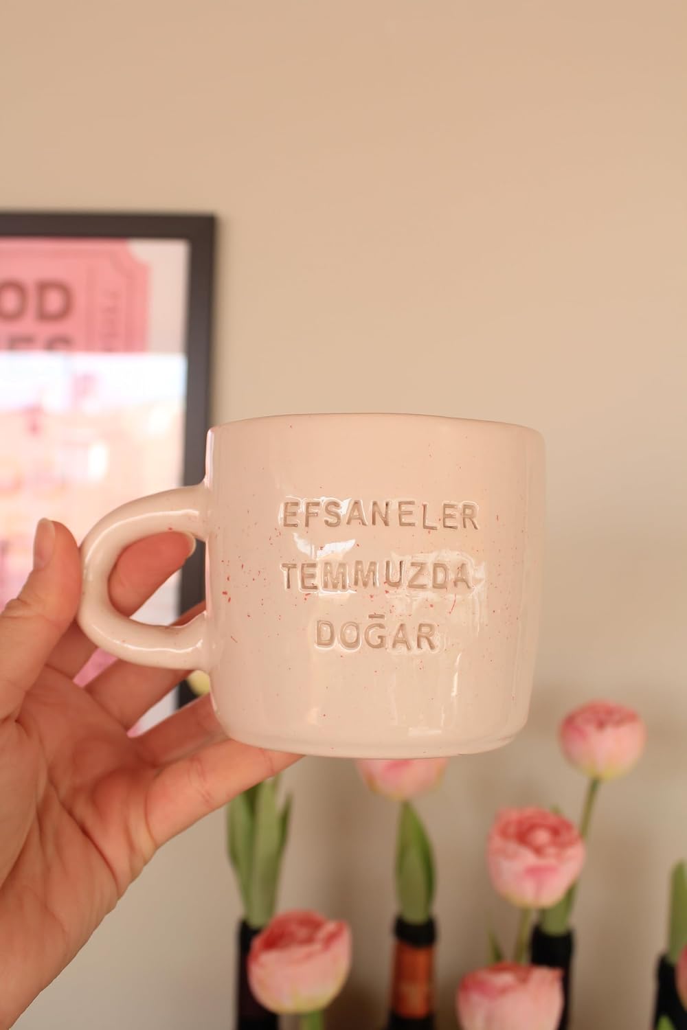 Seramik Kupa, Efsaneler Temmuzda Doğar Yazılı, Pembe Bej Renk, El Yapımı Tasarım