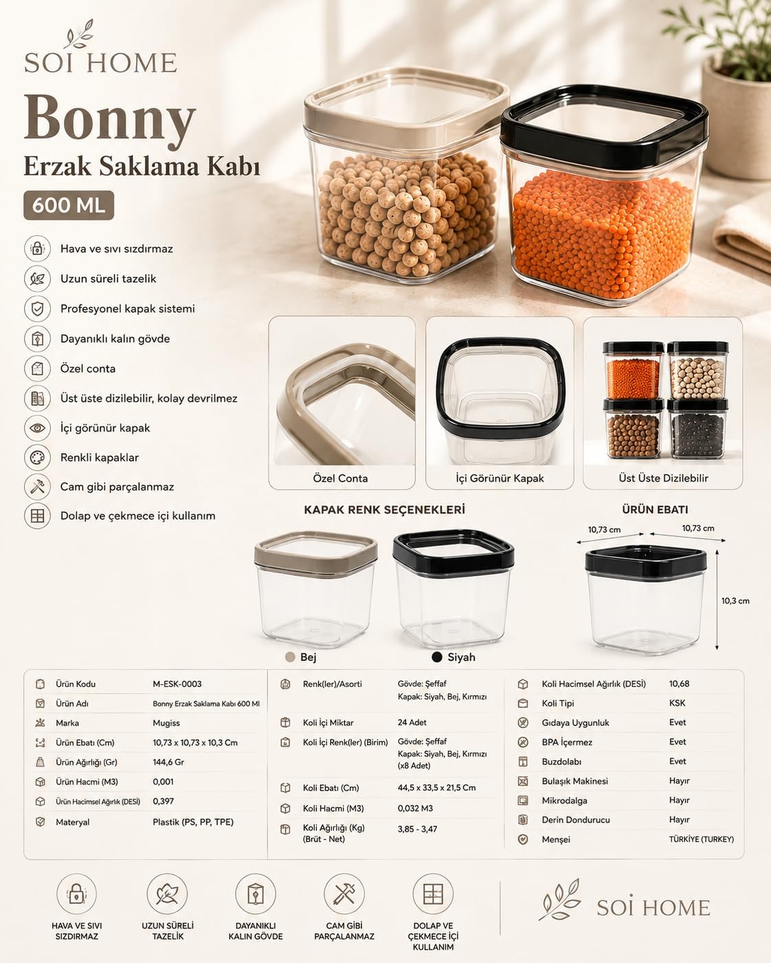 Ürün Adı: Bonny 600 ML Erzak Saklama Kabı, Sızdırmaz Kapaklı Şeffaf Gıda Saklama Kabı