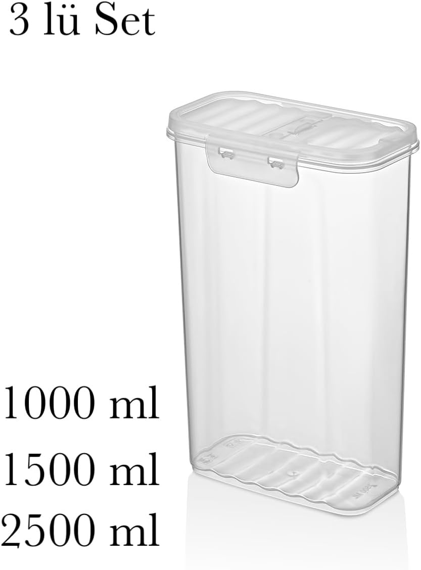 Plastik Saklama Kabı 3'lü Set, 1000-1500-2500 ml, 2 Açılır Kapaklı Bpa İçermez Şeffaf Bakliyat Kuru Gıda