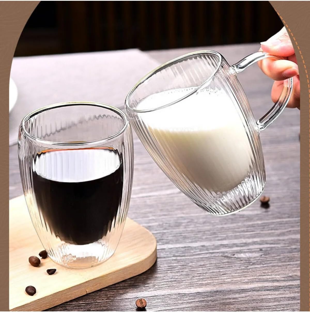 Çift Cidarlı Çizgili Cam, Kahve, Latte, Ekspresso, Meşrubat, Su Bardağı, 300 ML, Cam Bardak, 1 Adet - 12322