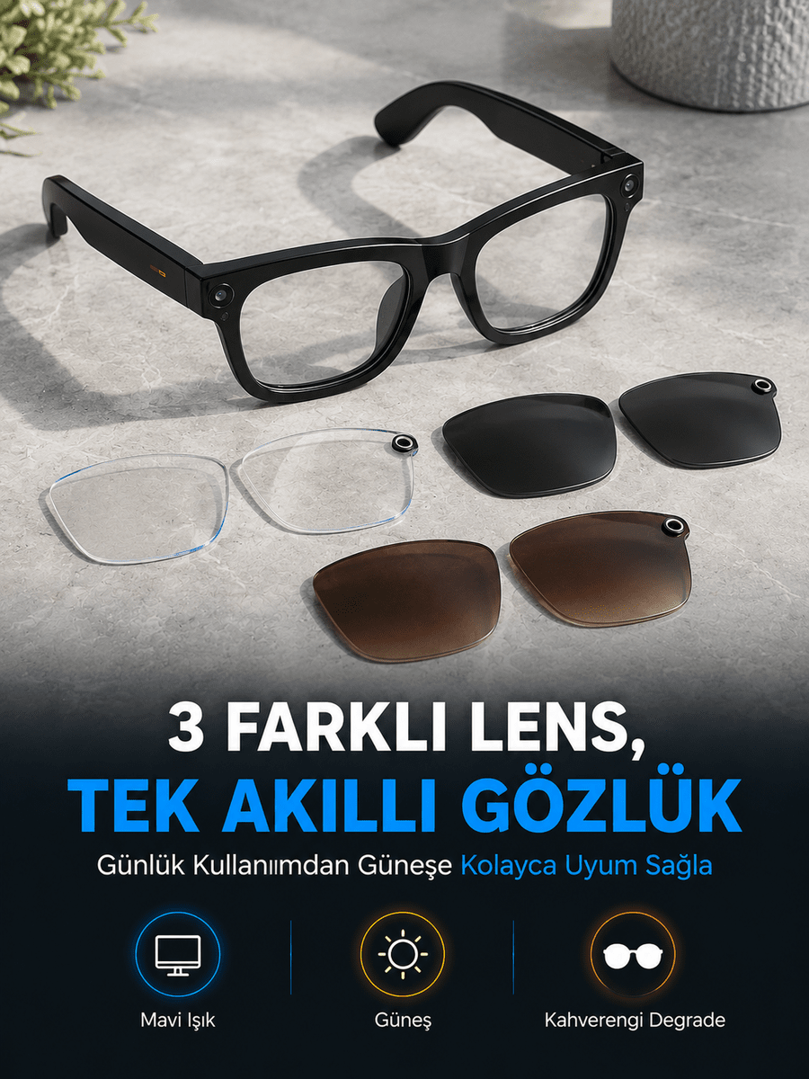Siyah Akıllı Kamera Gözlüğü Fotoğraf Video Çekimli Bluetooth Aramalı AI Destekli 3 Değiştirilebilir Lensli