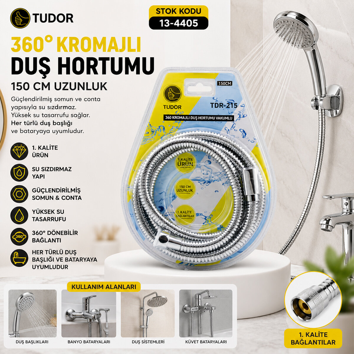 360° - Metal Duş Hortumu 150CM Vakumlu Ambalaj