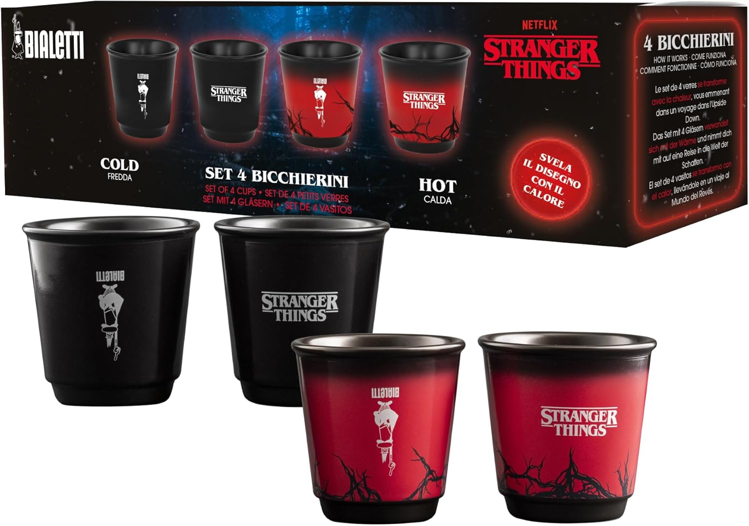 Stranger Things 4'lü Kahve Fincanı Seti, Isıya Duyarlı, Renk Değiştiren, Bulaşık Makinesinde Yıkanamaz - Her biri 80 ml, Siyah