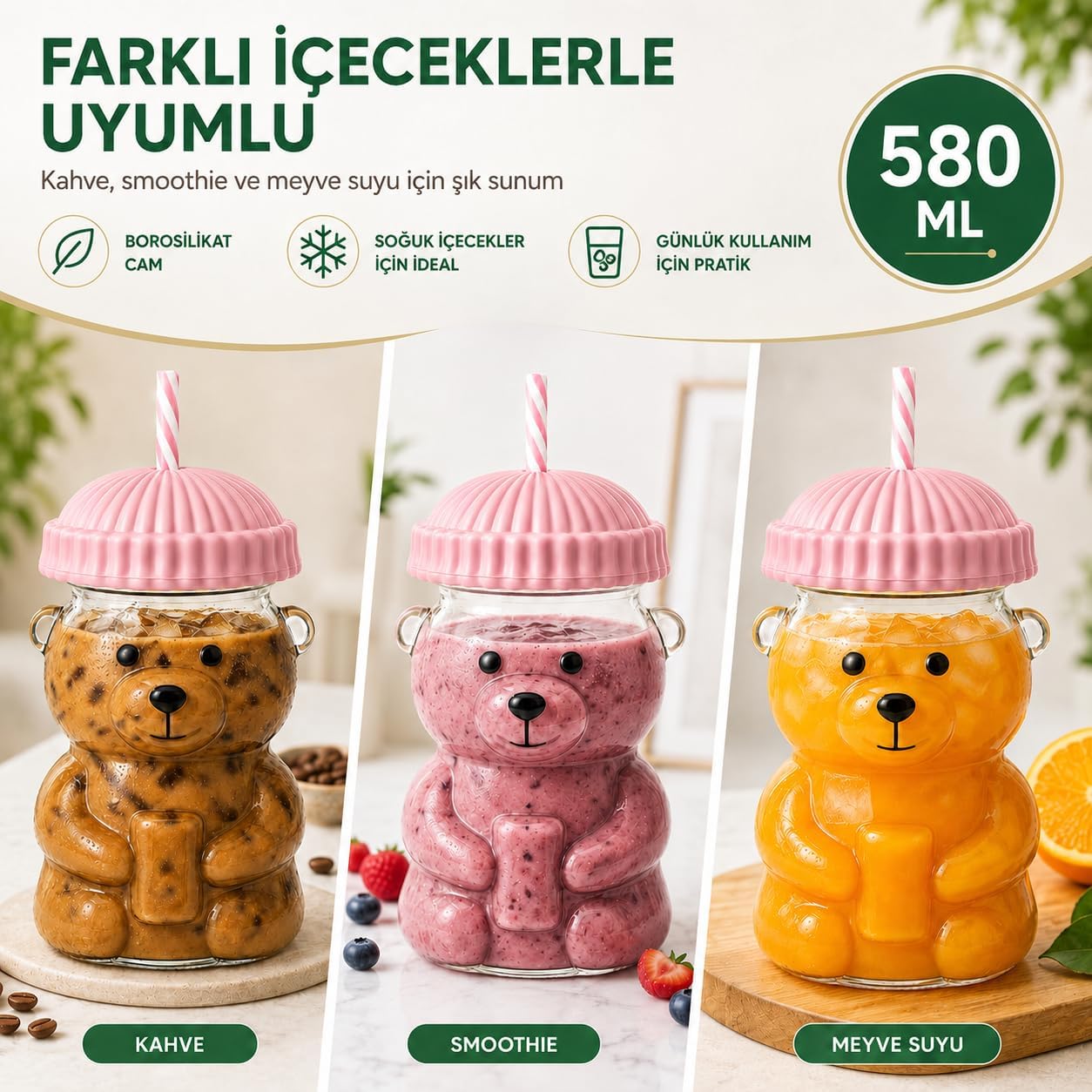 Ayıcıklı Cam Bardak 580 ml - Pipetli Kapaklı Borosilikat İçecek Bardağı - Soğuk Kahve Smoothie Limonata Su İçin Sevimli Ayı Tasarım - Hediye Kupa Dekoratif Sunum - PEMBE