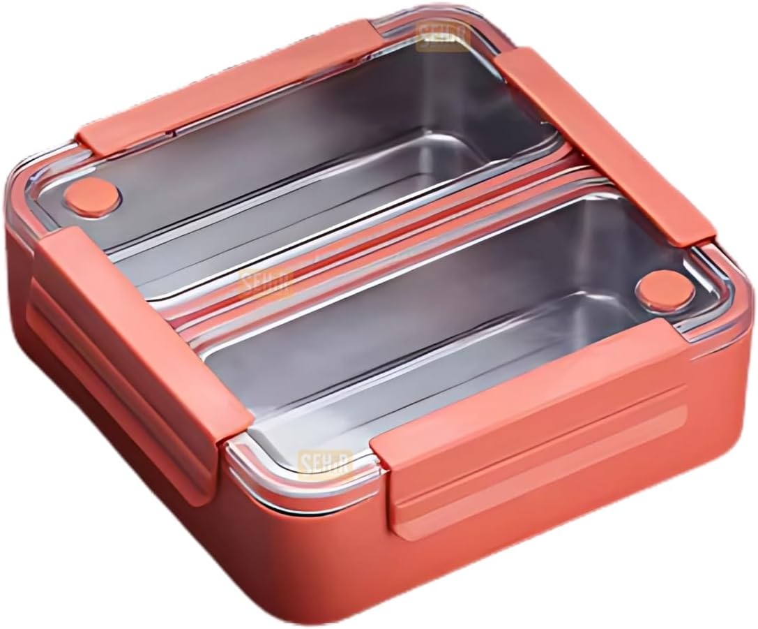 Bento 1100ml Lunchbox Tek Katlı 2 Bölmeli Paslanmaz Çelik Sefer Tası Yemek Kutusu (Açık Kırmızı)