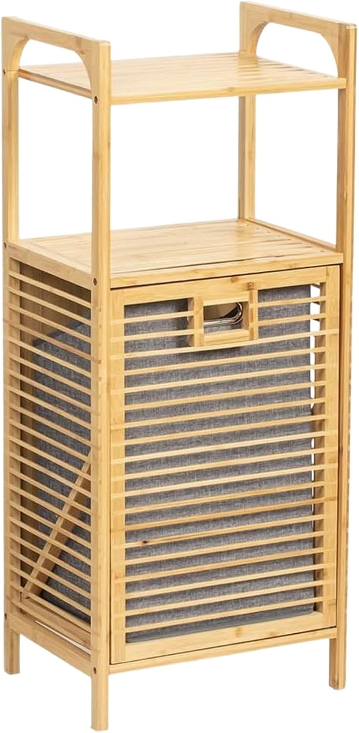 Bambu Banyo Dolabı, 2 Raflı Çamaşır Sepeti Organizatör, Ahşap, 75 L Çıkarılabilir Kumaş Kirli Çamaşır Haznesi Kirli Sepetli