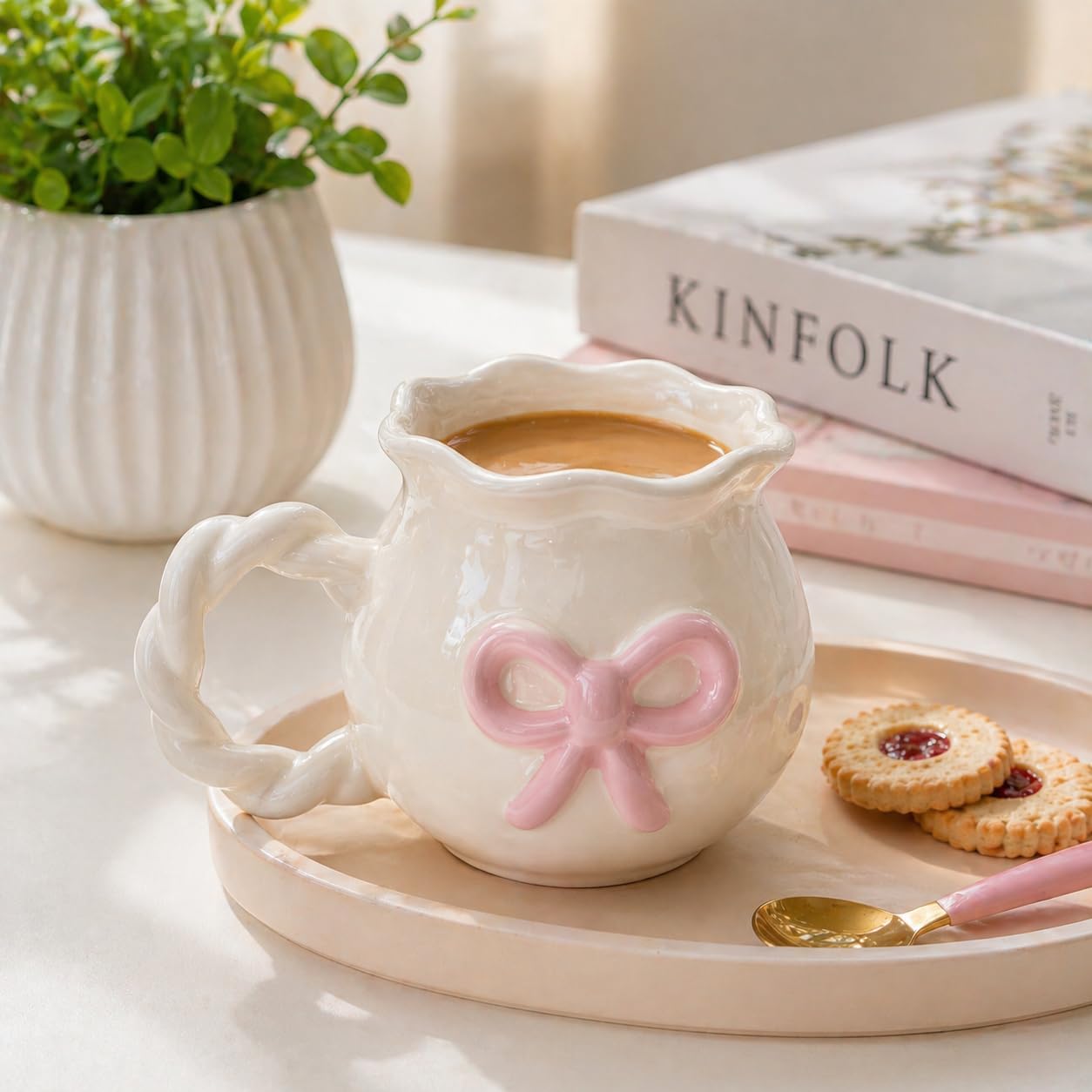 DONNA Pembe Fiyonklu Seramik Kupa - 350 ml Kahve ve Çay Kupası