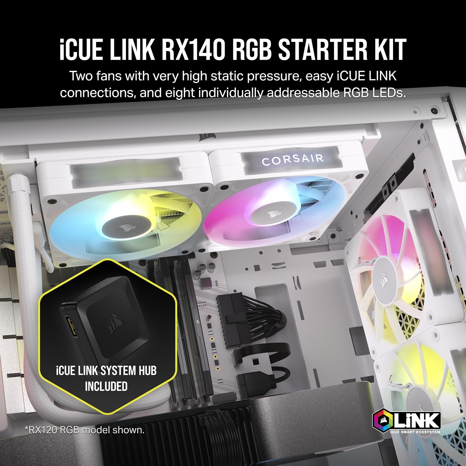 iCUE LINK RX140 RGB 140mm Kasa Fanı İkili Paket, iCUE Link Hub Dahil - Beyaz (CO-9051024-WW)