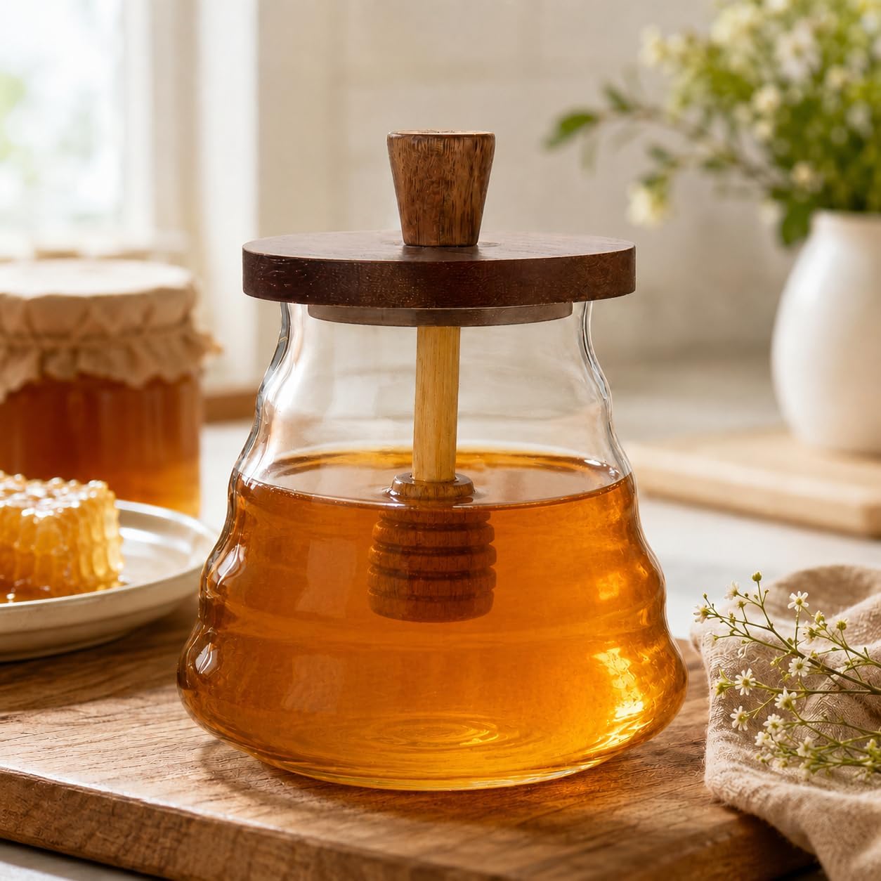 Kaşıklı Akasya Kapaklı Cam Bal Kavanozu 750 ml Şık Sunumluk