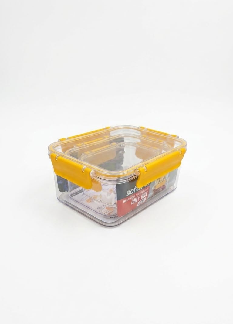 Softchef 3'lü Sızdırmaz Saklama Kabı Seti - 375 ml / 800 ml / 1700 ml Dikdörtgen Kilitli Erzak ve Erzak Kutusu, BPA Free Şeffaf Buzdolabı İçi Düzenleyici Organizer (SARI)