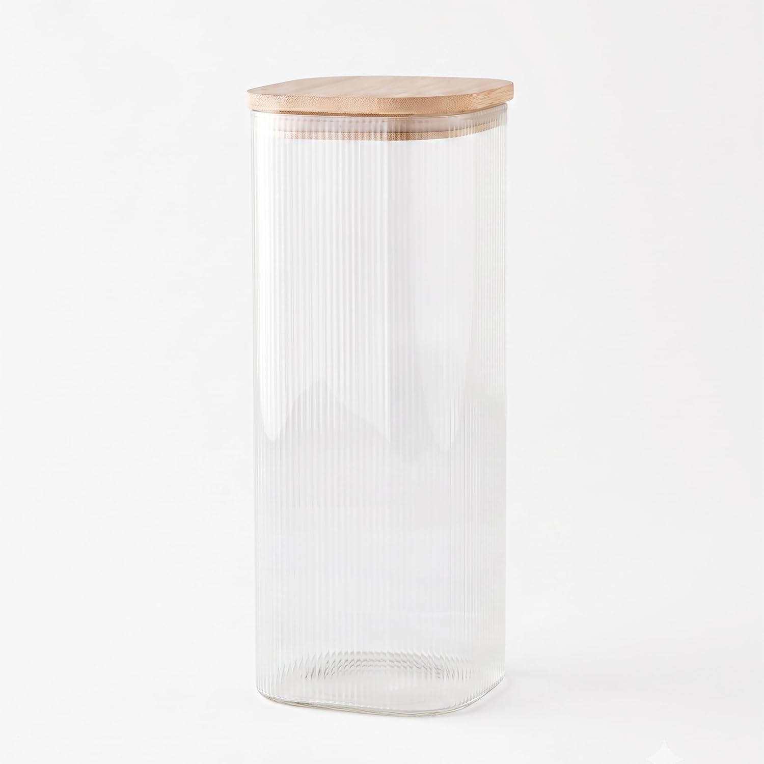 Borosilikat Kare Cam Saklama Kavanozu, Bambu Kapaklı Vakumlu Erzak Kavanozu, Çizgili Cam Kavanoz, 10 x 25 cm, Makarna, Bakliyat, Kahve ve Kuruyemiş İçin