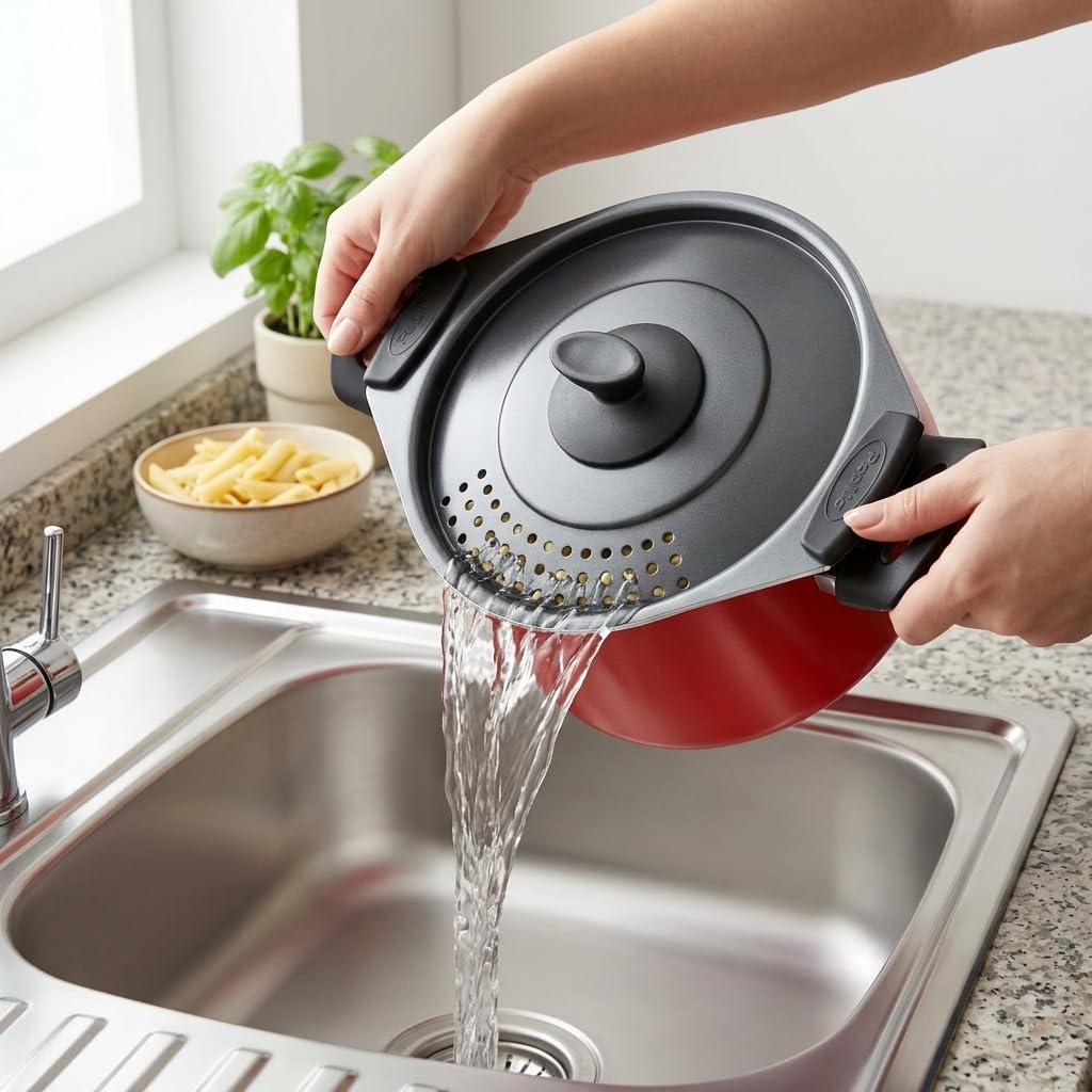 Redio Akıllı Makarna ve Mantı Tenceresi - Kendinden Süzgeçli Kapaklı, Yanmaz Yapışmaz Kırmızı Derin Tencere, 20 cm, 4 Litre Kapasiteli