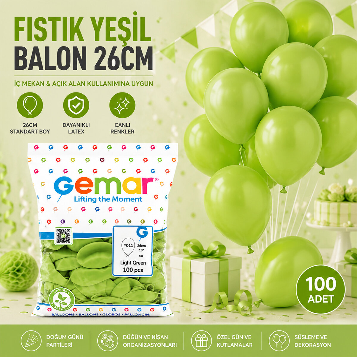 İç Mekan - Fıstık Yeşil Balon 10 Inc - 26CM - 100PCS