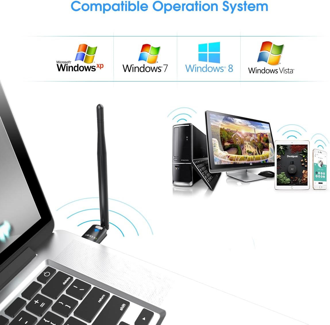 PC için USB WiFi adaptörü, masaüstü dongle High Gain 6dBi anten desteği, masaüstü dizüstü bilgisayar desteği, Windows 10/8/7/XP/Vista, MAC 10.6-10.11 ile uyumlu