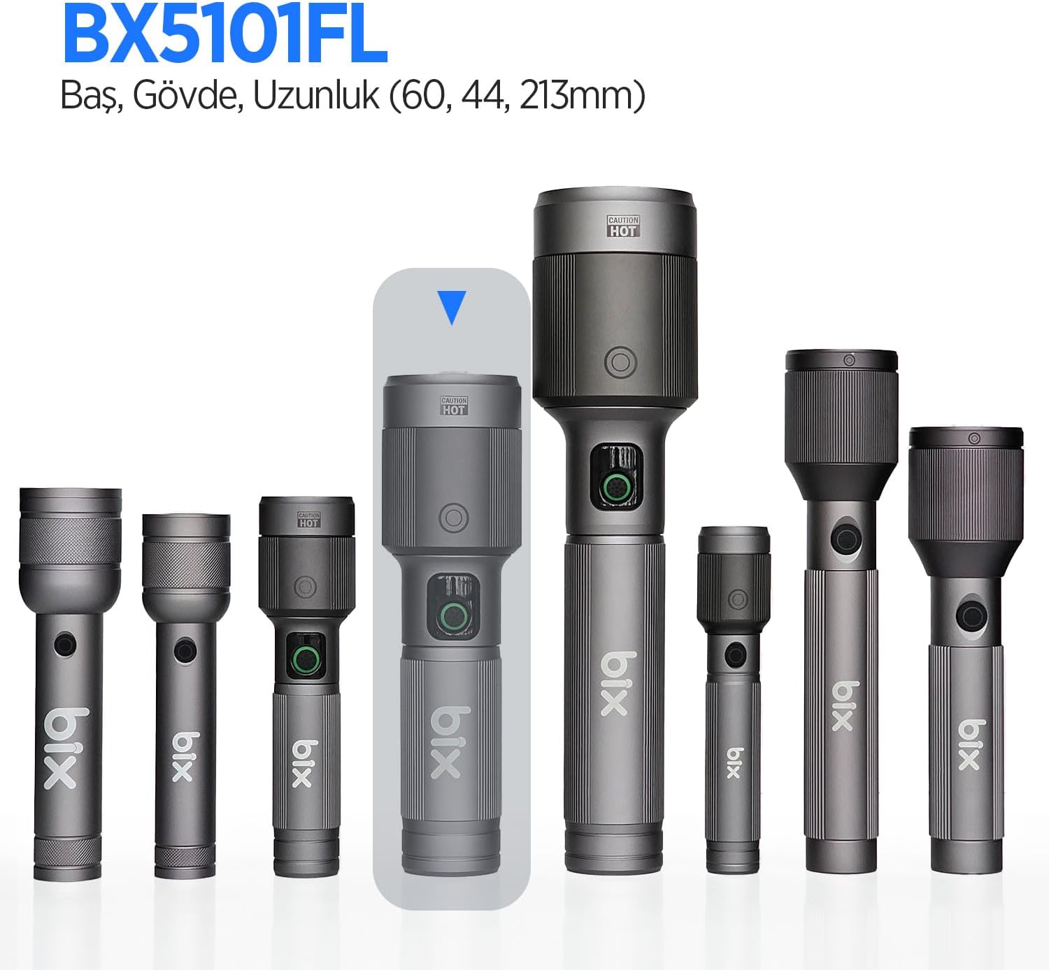 Flashlight BX5101FL 60W LED, Max. 2300 Lümen Parlaklık ve 850 Metreye Kadar Uzun Menzilli, Şarj Edilebilir, LED Güç Göstergeli ve Çok Modlu Kamp Acil Durum için Kompakt El Feneri