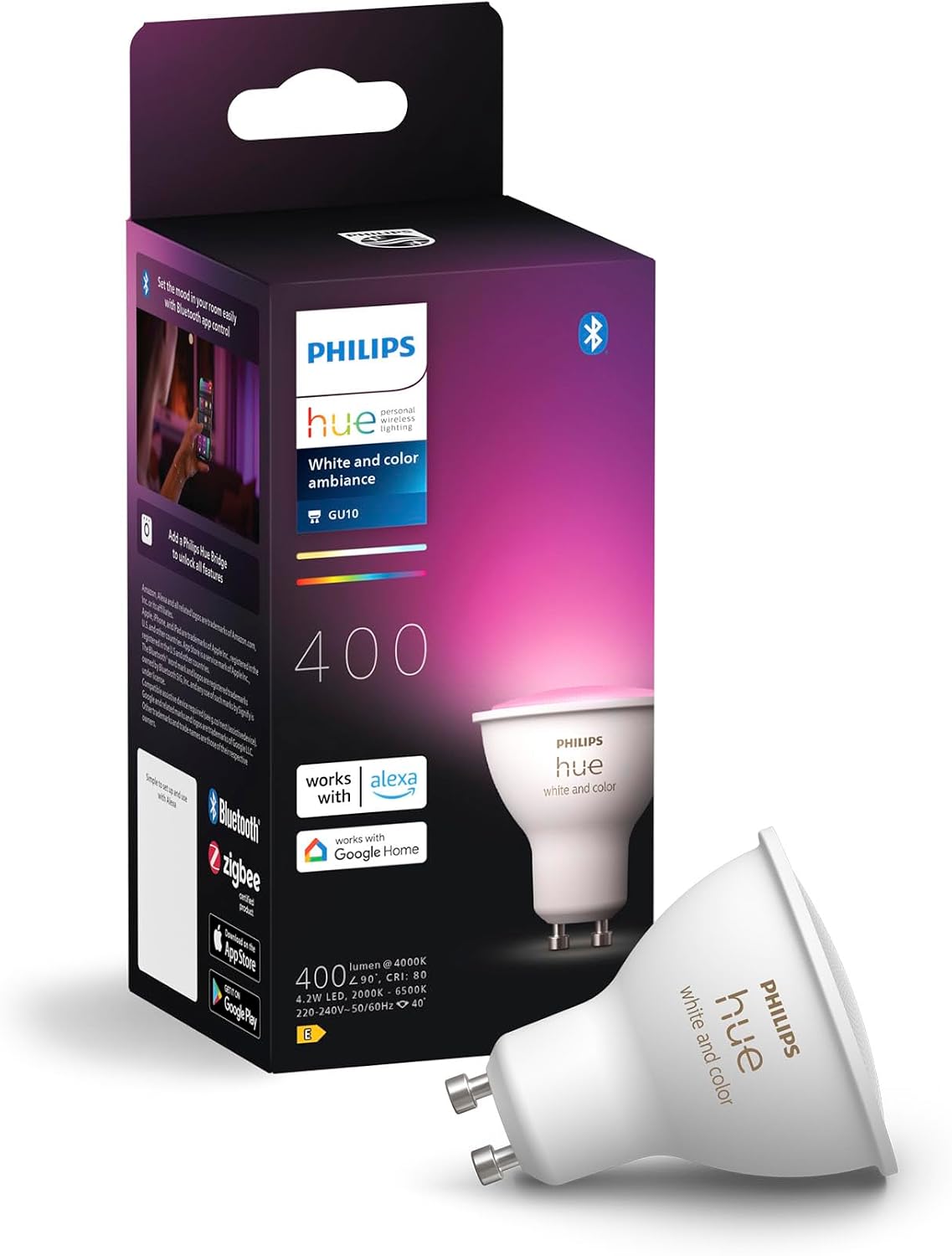 4.2W Renkli Akıllı Spot Ampul GU10 Bluetooth uyumlu, Alexa, Apple Home ve Google Assistant ile sesli kontrol - 25.000 Saat Ampul Kullanım Ömrü