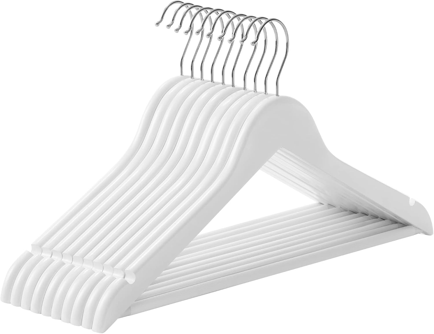 ahşap elbise askıları, 10'lu set, masif ahşaptan elbise askıları, ceket askıları, omuz bölgesinde çentikler, kaymaz, ceketler, gömlekler, 360° döndürülebilen kancalar için, beyaz CRW03W10
