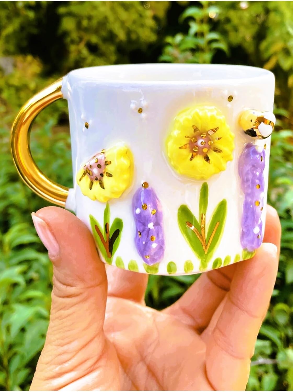 Premium Kalite 24 Ayar Altın Detaylı El Yapımı Papatya Kabartmalı Mug 200 Ml Flower Daisy
