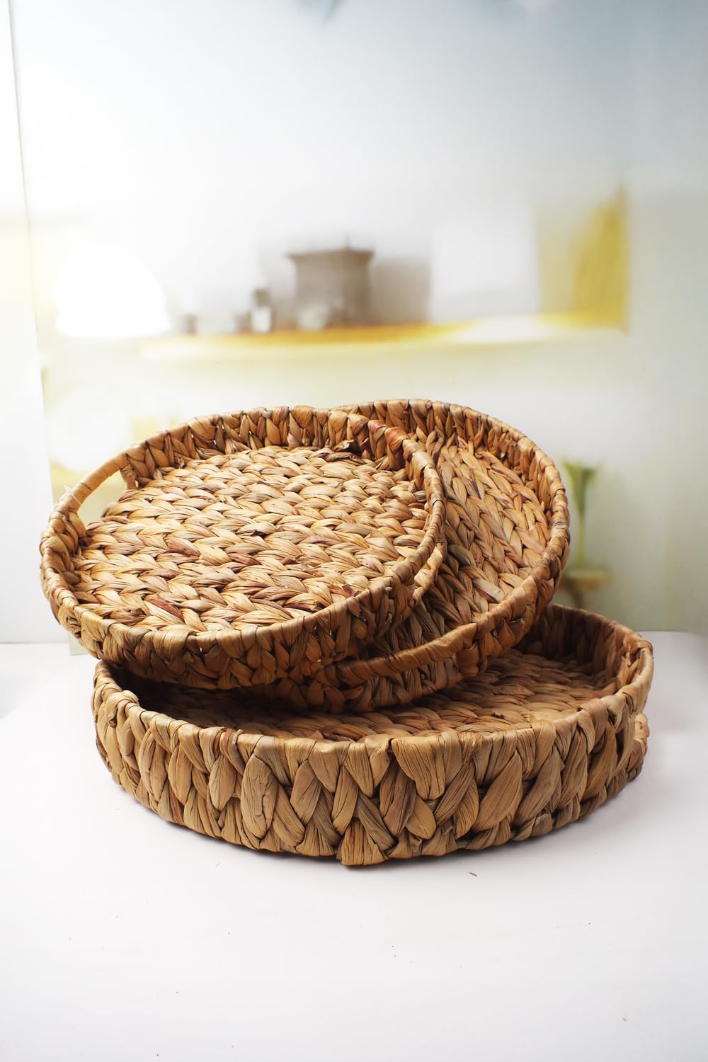3'lü Rustik El Yapımı ve Doğal Yuvarlak Hasır Tepsi Seti, 3'lü Hasır Yuvarlak Tepsi Seti, Rattan 3 Boy Hasır Tepsi (38 * 6cm-34 * 5cm-30 * 24 * 4,5cm)