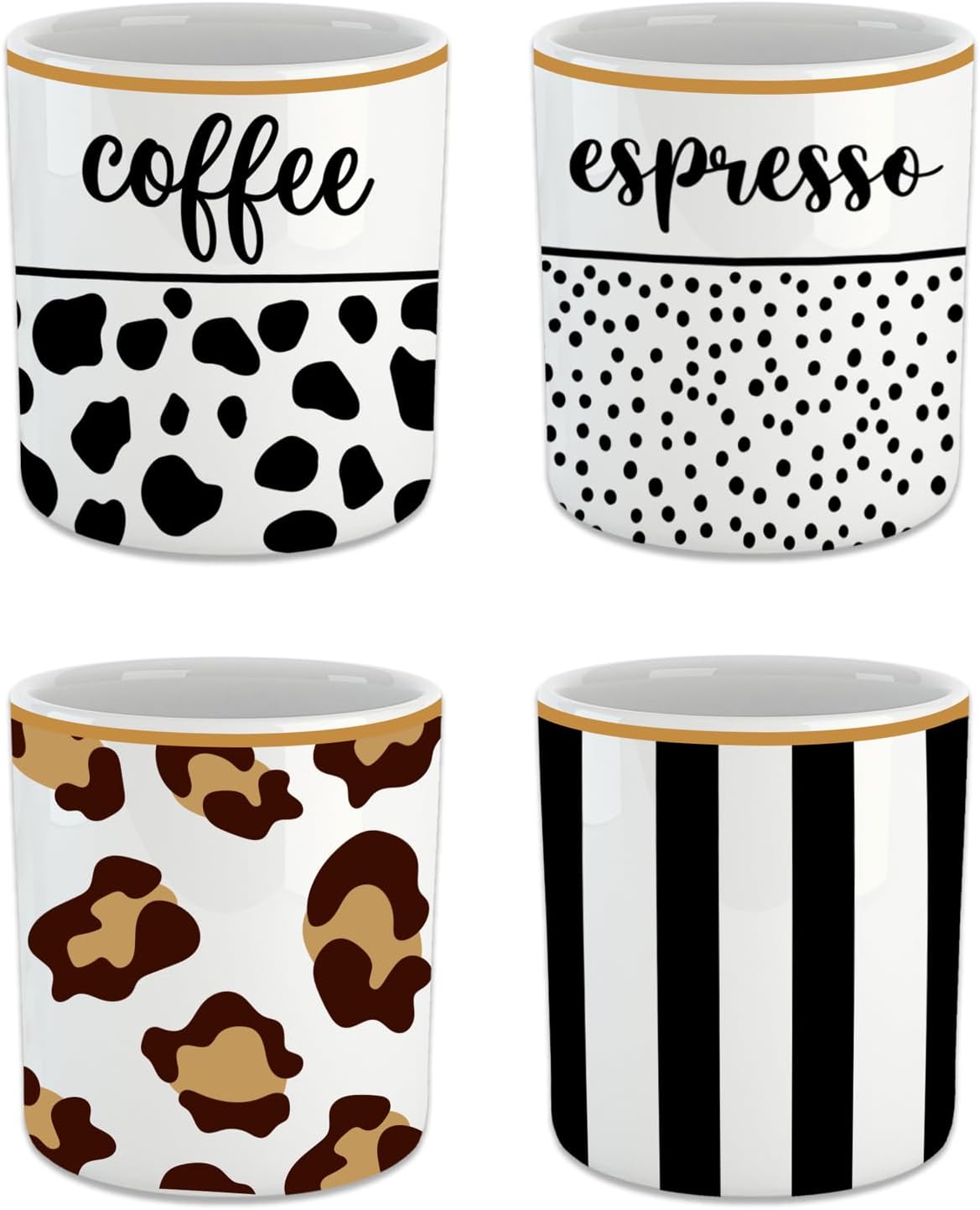 Coffee Cups/Japanese Tea Cup/Mug Set/Coffee Cup Middle Size/Cups No Handle/4 x 210 ml (coffee, espresso, vertical black line, leopard)