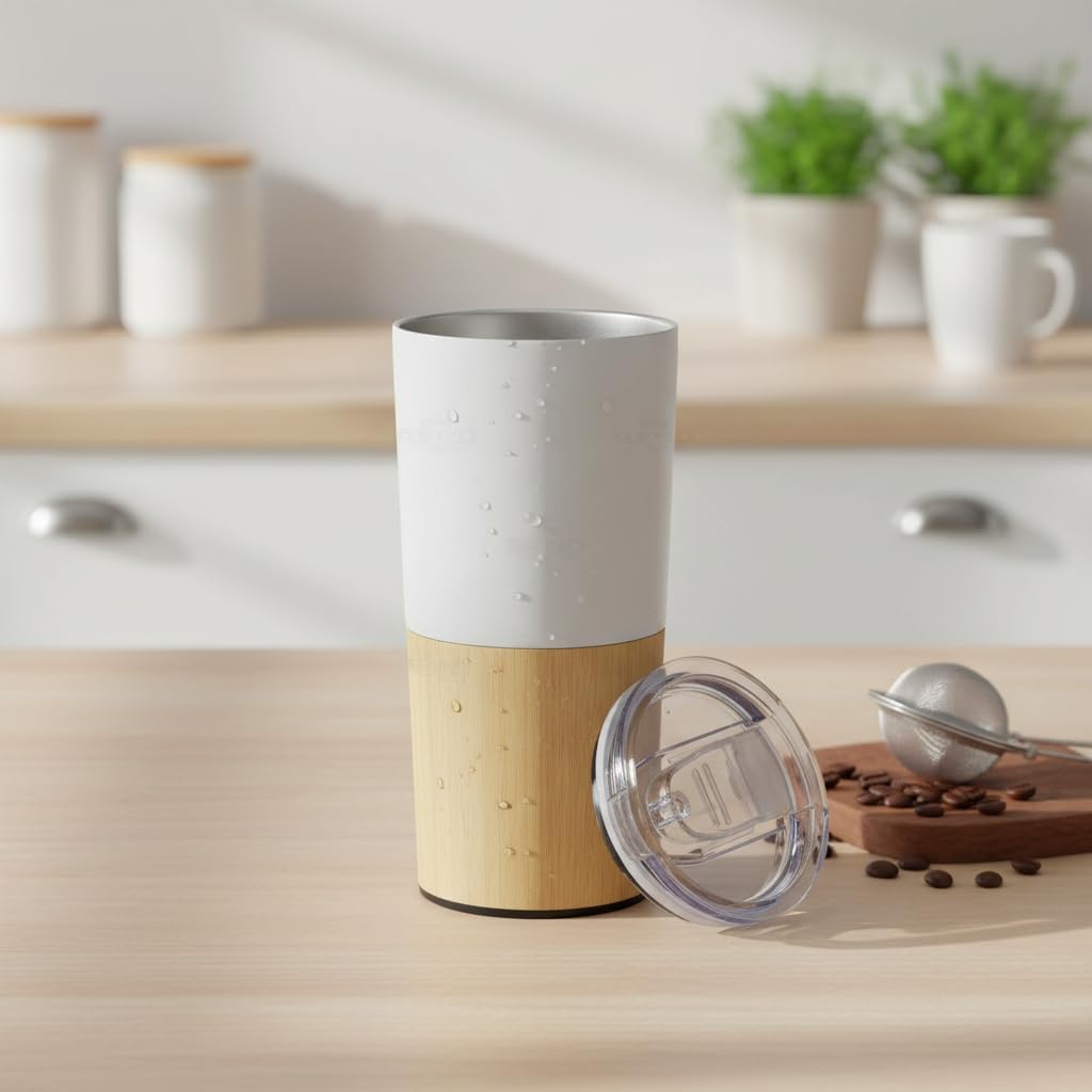600 ml Bambu Tabanlı Çelik Termos Mug - 5 Farklı Renk Seçenekli Sıcak ve Soğuk Tutucu Seyahat Bardağı (BEYAZ)